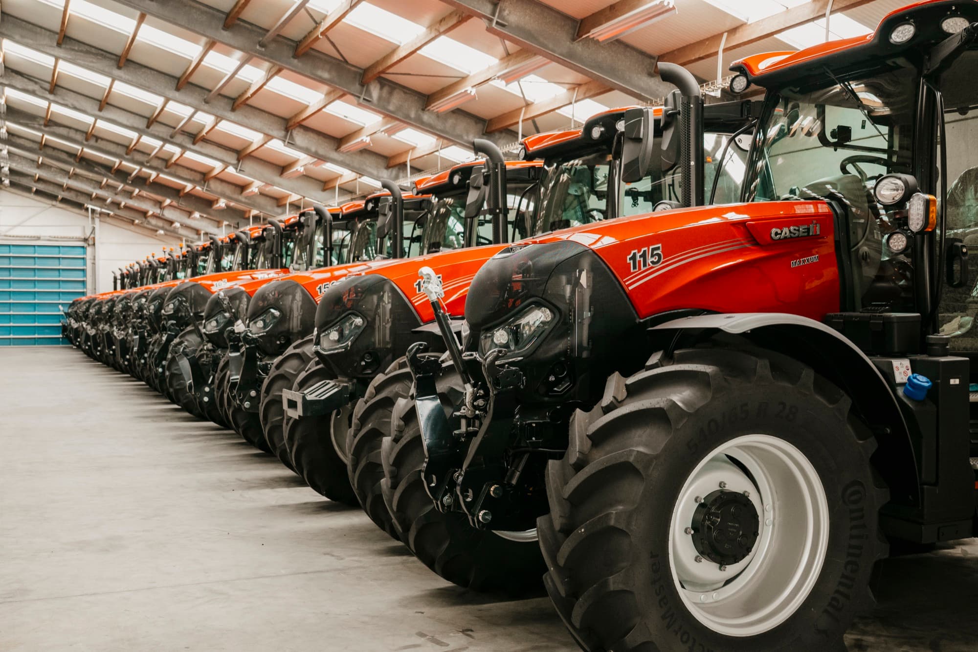 Row of Case IH tractors in the showroom